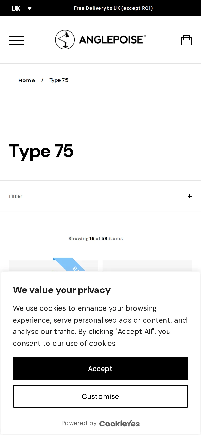Anglepoise Type 75 on Anglepoise's site, viewed on a phone