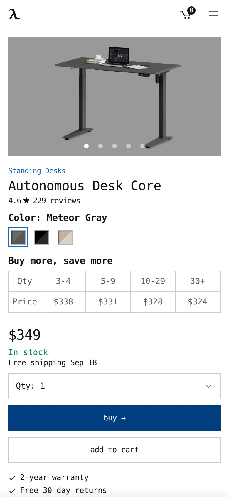 Autonomous Desk Core on Autonomous's site, viewed on a phone