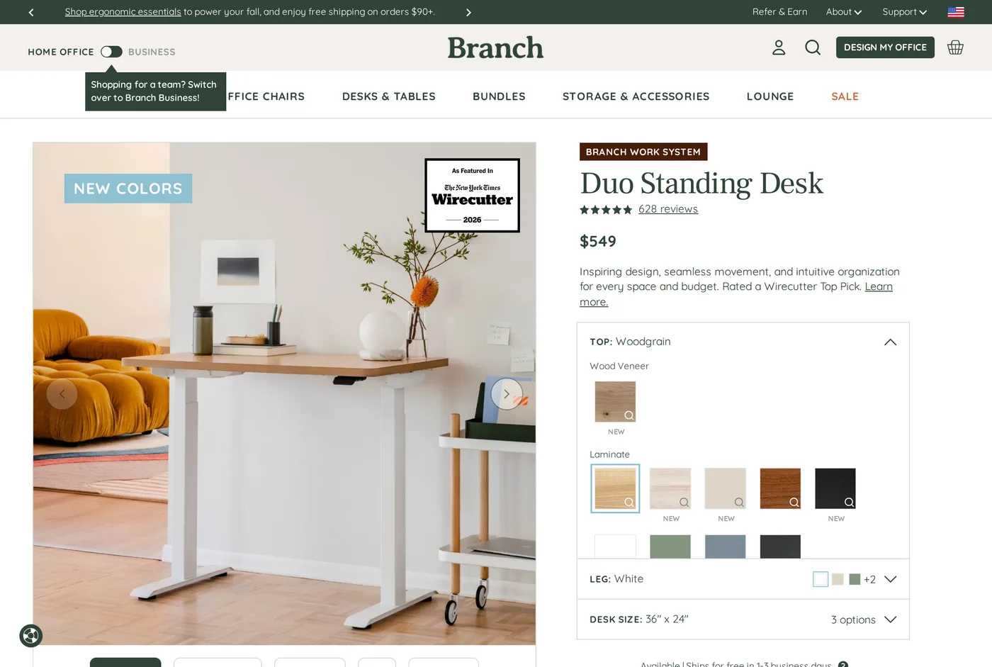 Branch's product page showing the Duo Standing Desk in a compact room setting