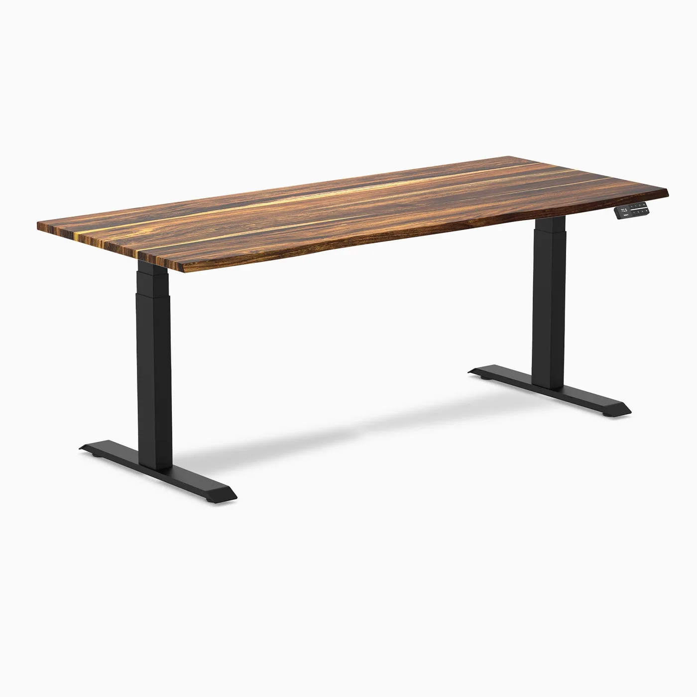 Desky's product photograph of the Dual Hardwood sit stand desk with a timber top