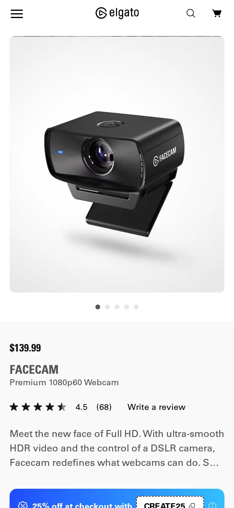 Elgato Facecam MK.2 on Elgato's site, viewed on a phone