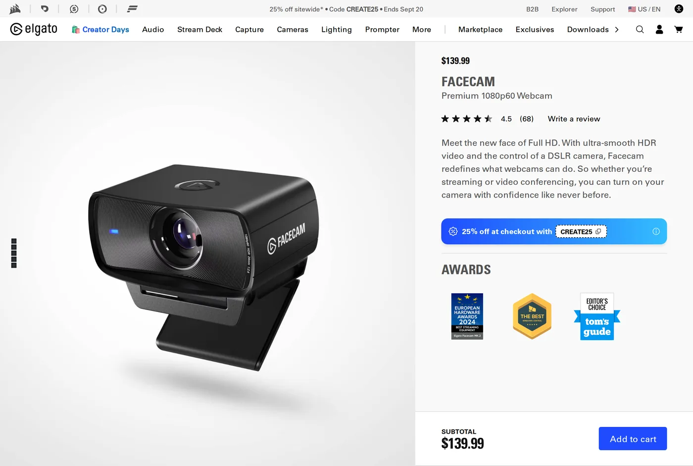 Elgato's own product page for the Elgato Facecam MK.2