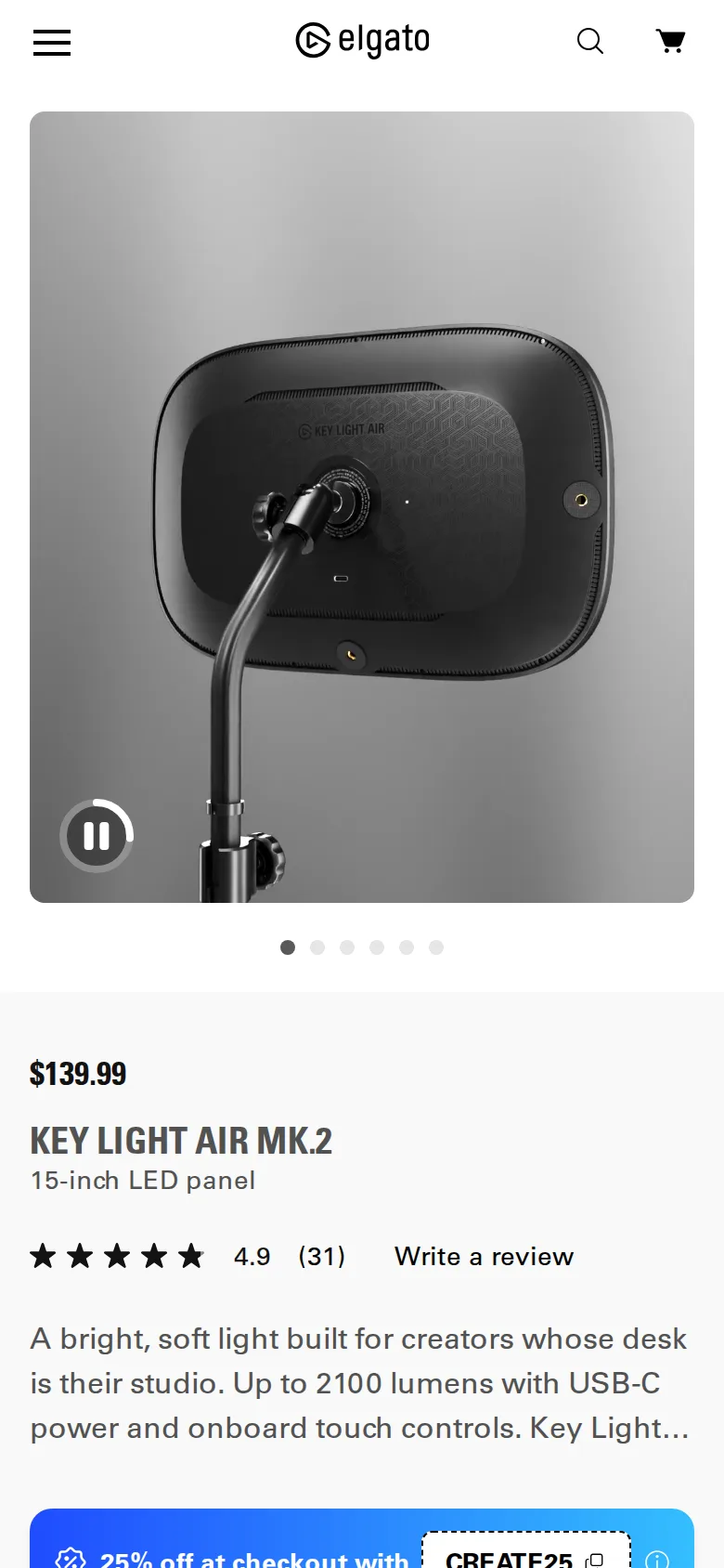 Elgato Key Light Air on Elgato's site, viewed on a phone