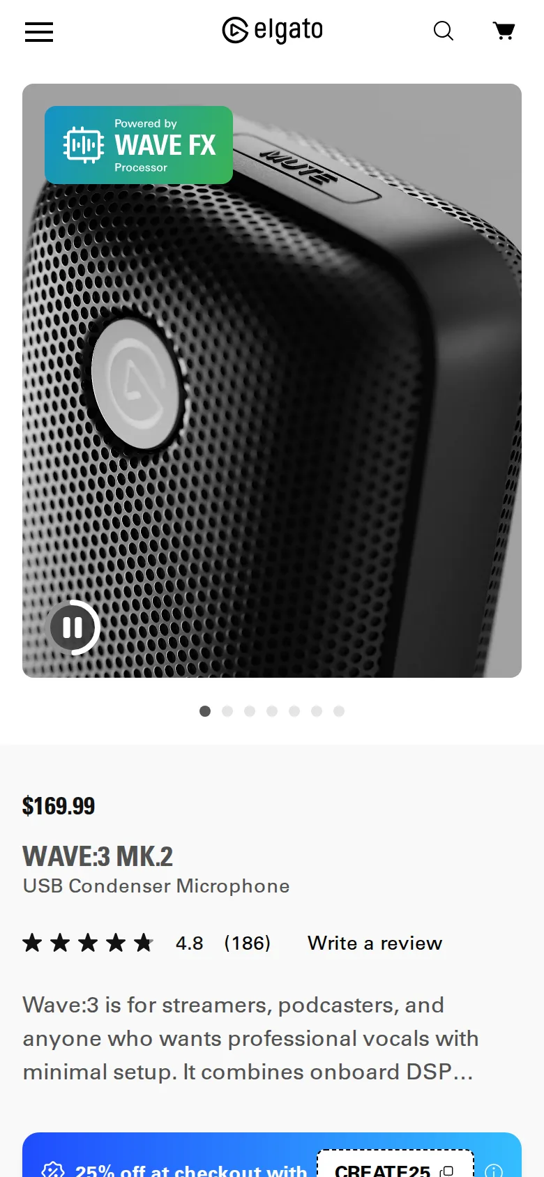 Elgato Wave:3 on Elgato's site, viewed on a phone