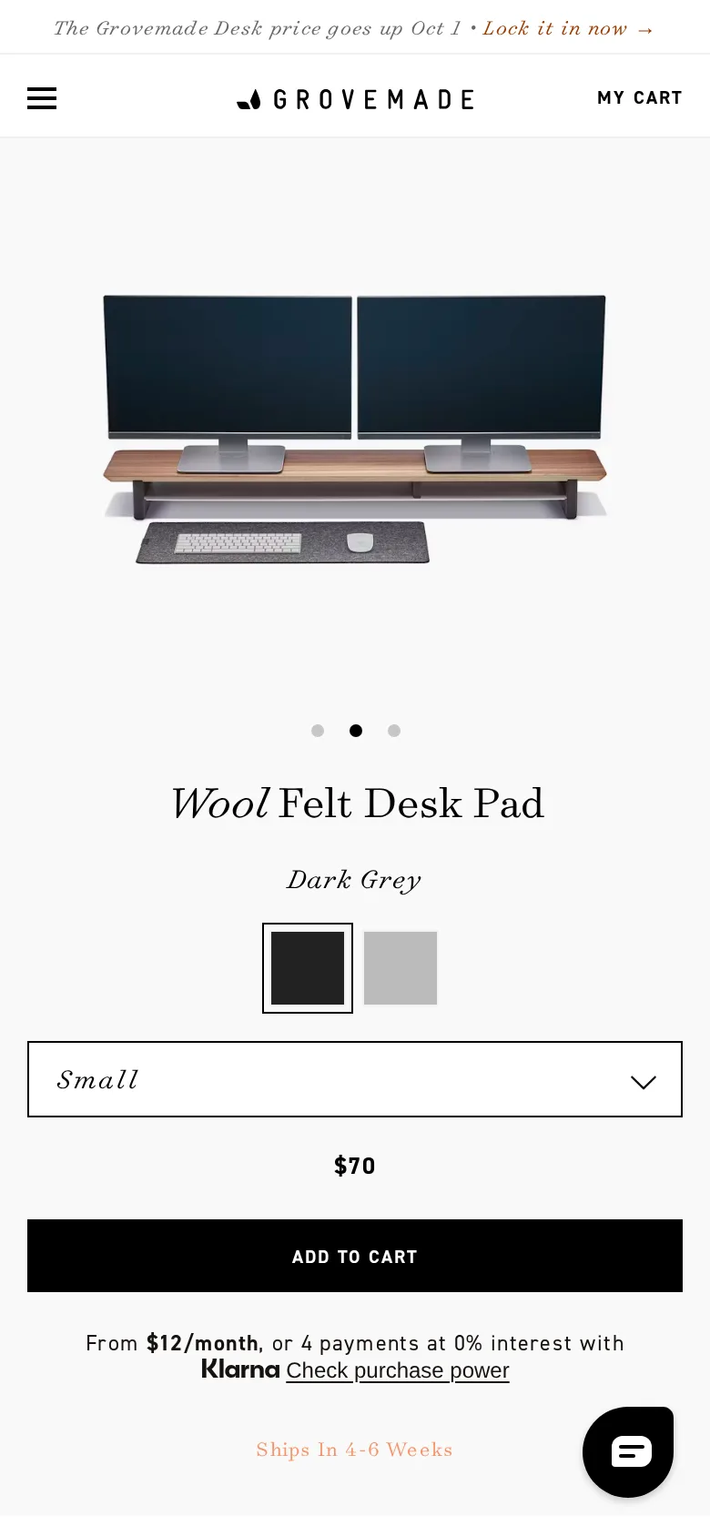 Grovemade Wool Felt Desk Pad on Grovemade's site, viewed on a phone