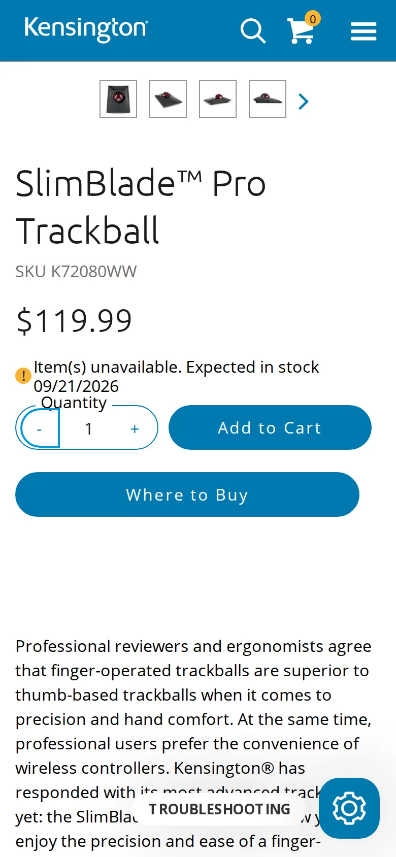 Kensington SlimBlade Pro Trackball on Kensington's site, viewed on a phone