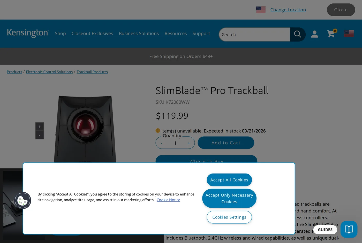 Kensington's own product page for the Kensington SlimBlade Pro Trackball
