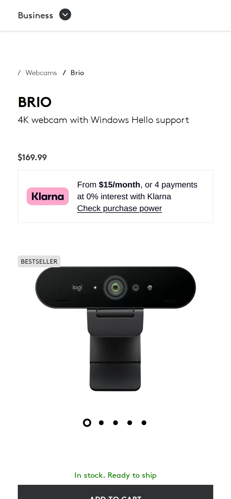 Logitech Brio 4K Webcam on Logitech's site, viewed on a phone