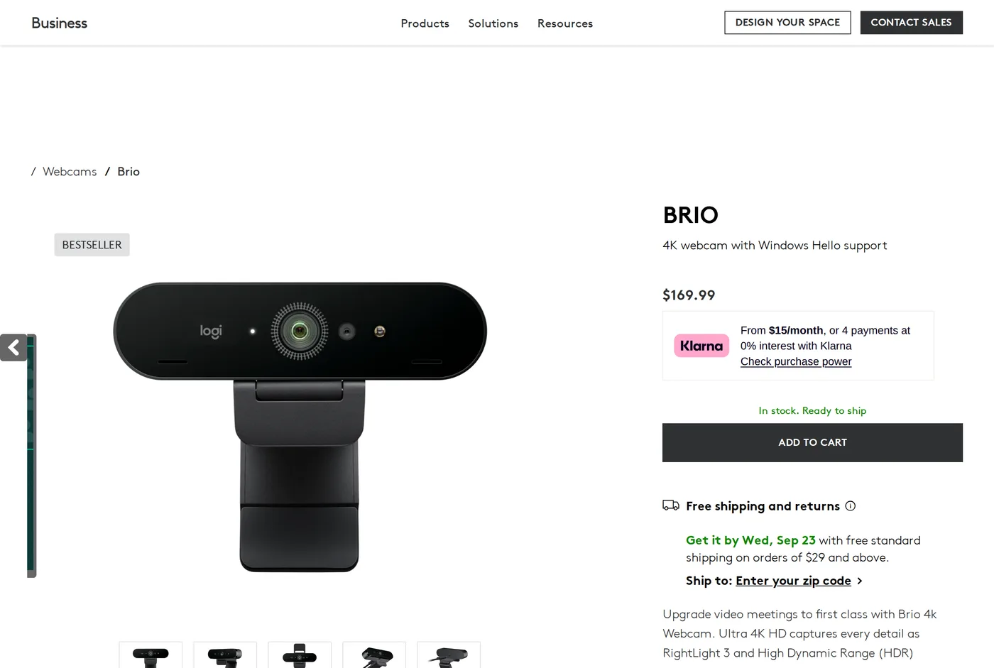 Logitech's own product page for the Logitech Brio 4K Webcam