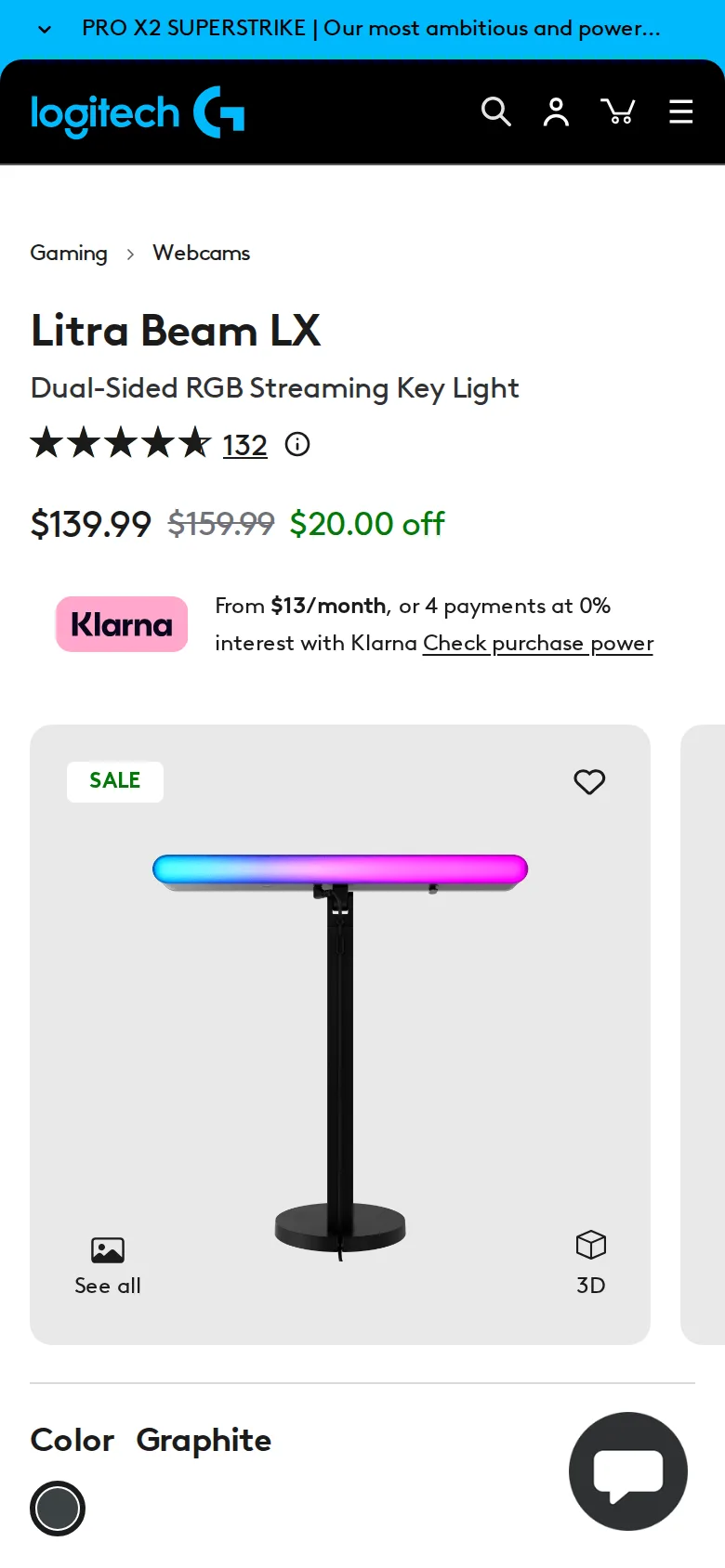 Logitech Litra Beam LX on Logitech G's site, viewed on a phone