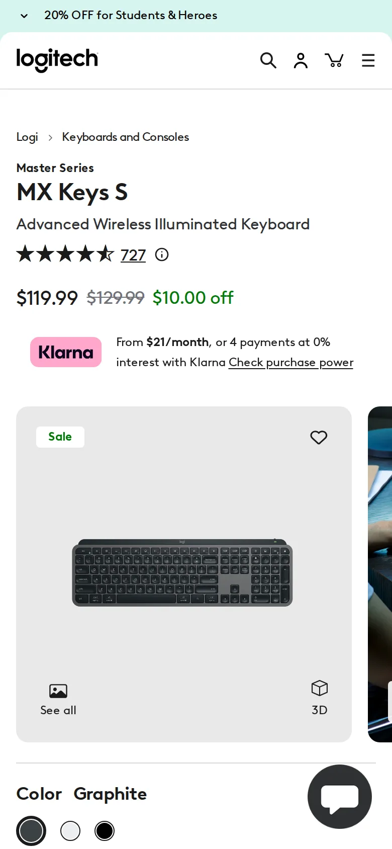 Logitech MX Keys S on Logitech's site, viewed on a phone