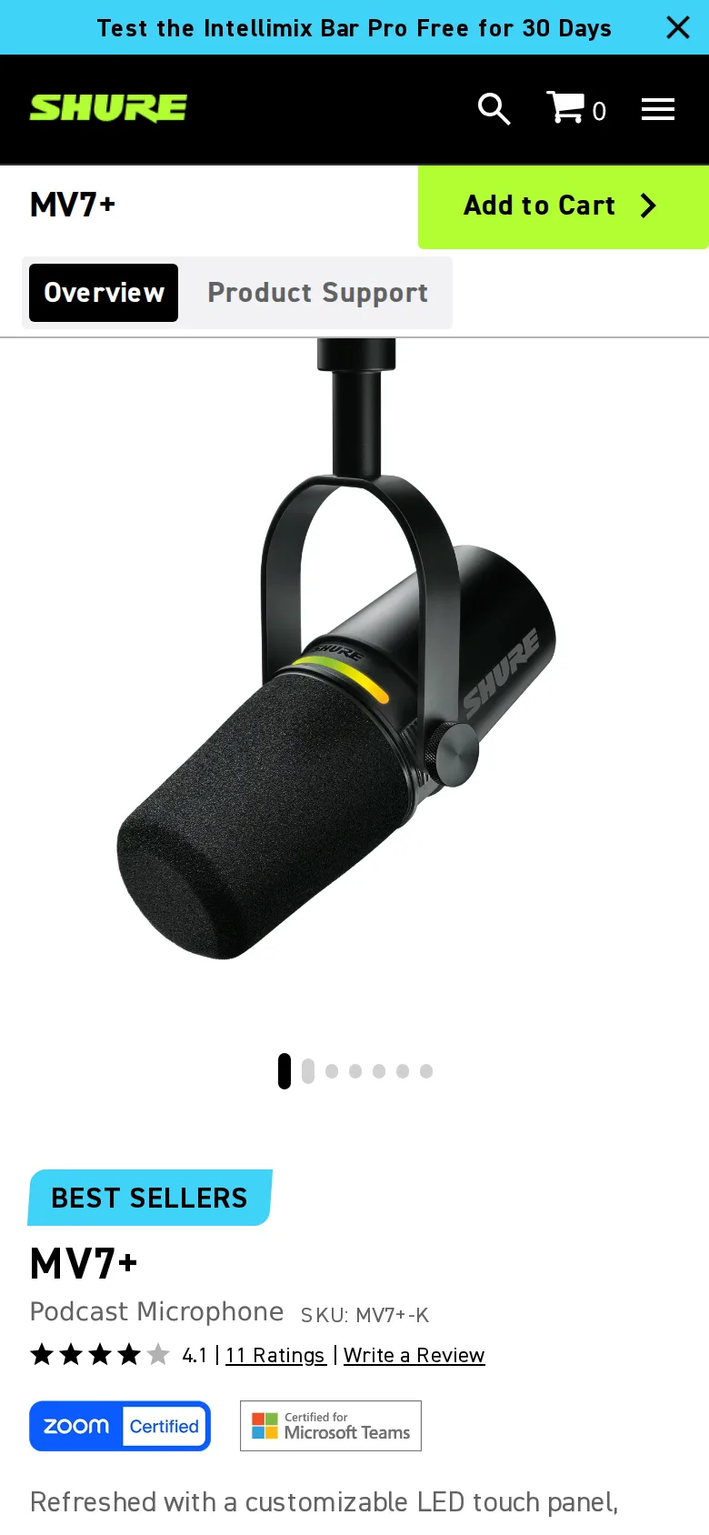 Shure MV7+ on Shure's site, viewed on a phone