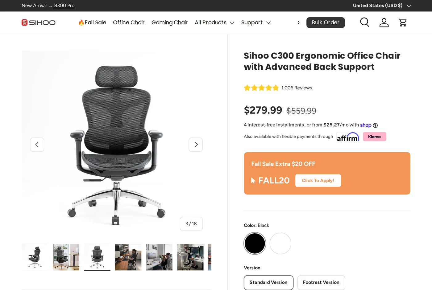 Sihoo's own product page for the Sihoo Doro C300