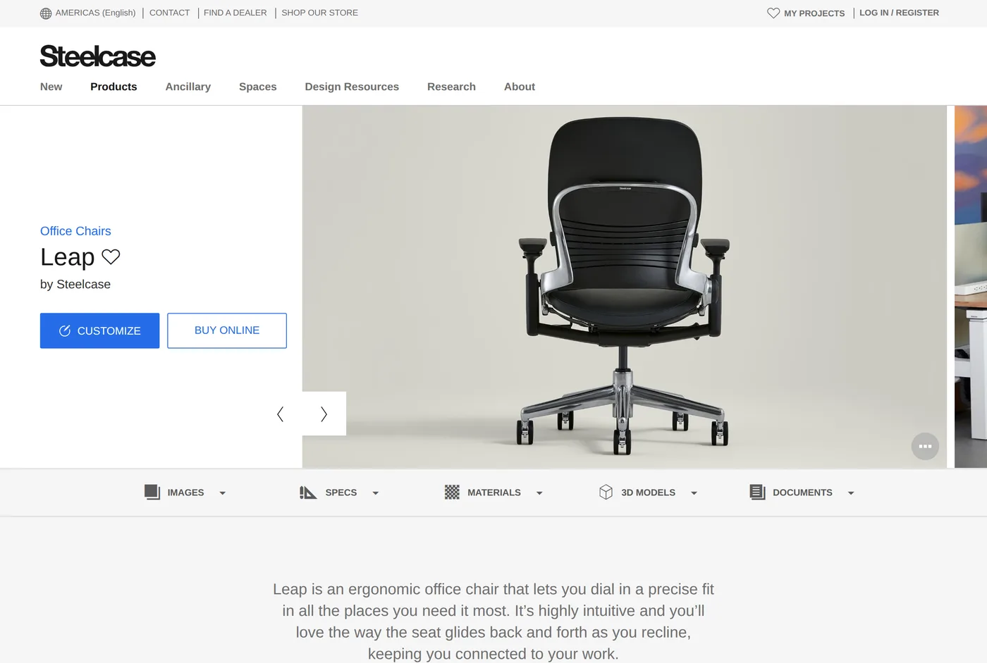 Steelcase's own product page for the Steelcase Leap
