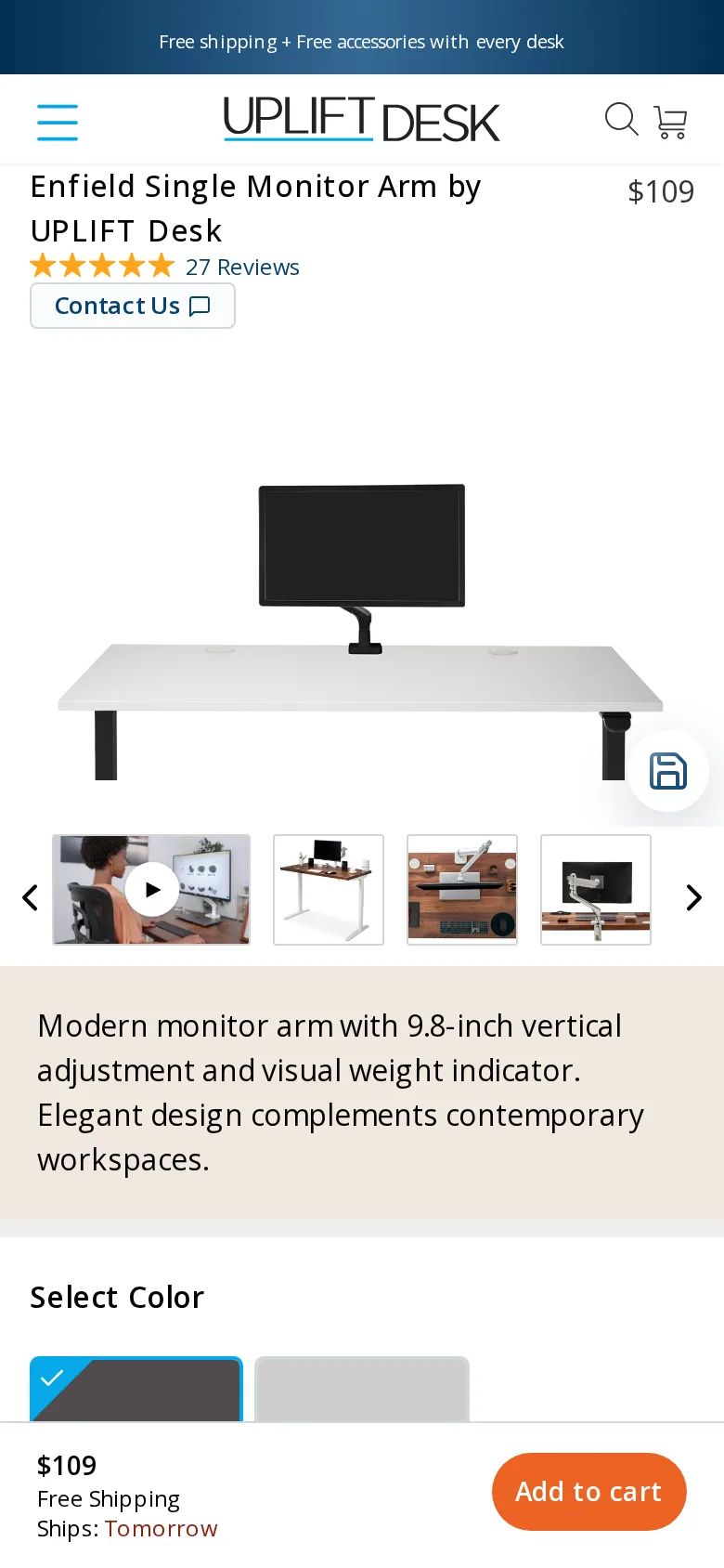 Uplift Desk Enfield Single Monitor Arm on Uplift Desk's site, viewed on a phone
