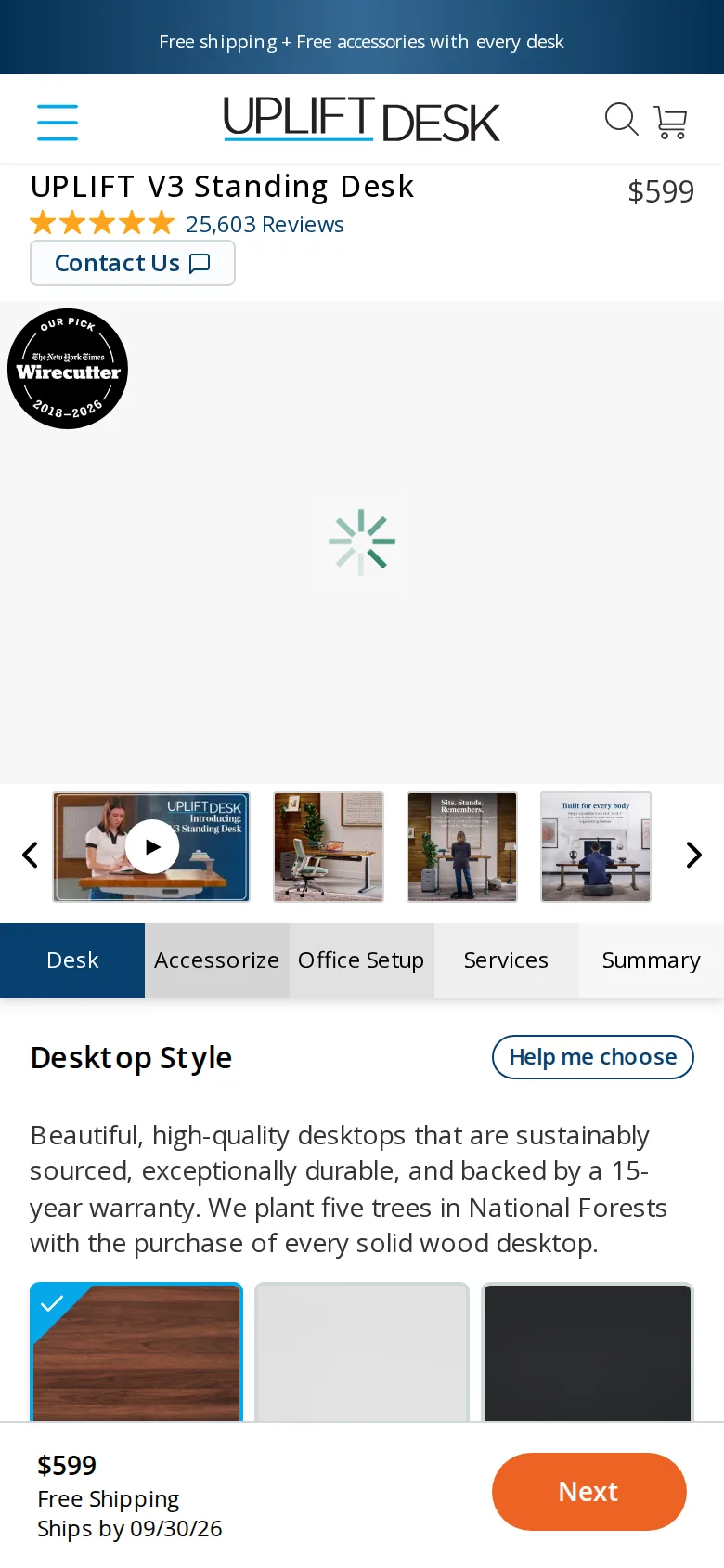 Uplift V3 Standing Desk on Uplift Desk's site, viewed on a phone
