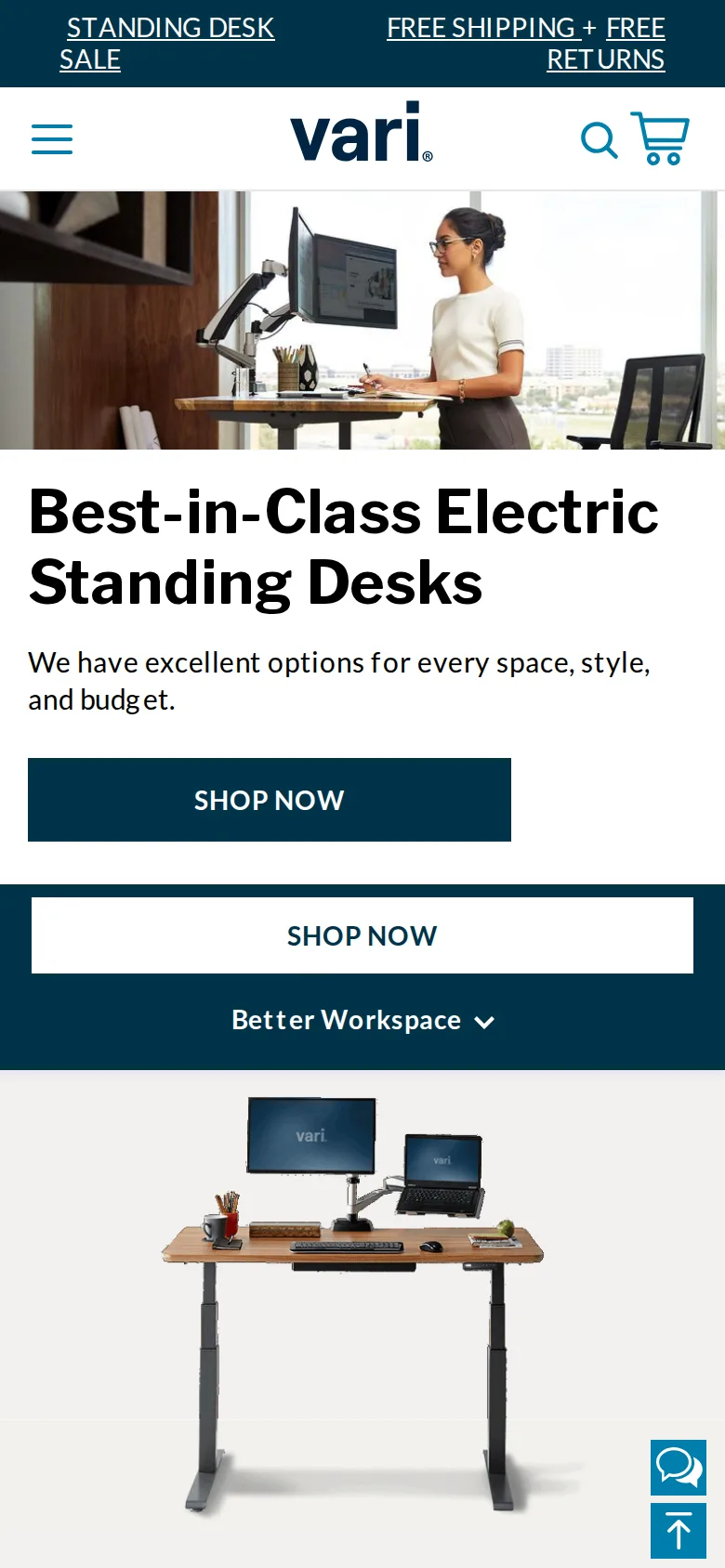 Vari Electric Standing Desk on Vari's site, viewed on a phone