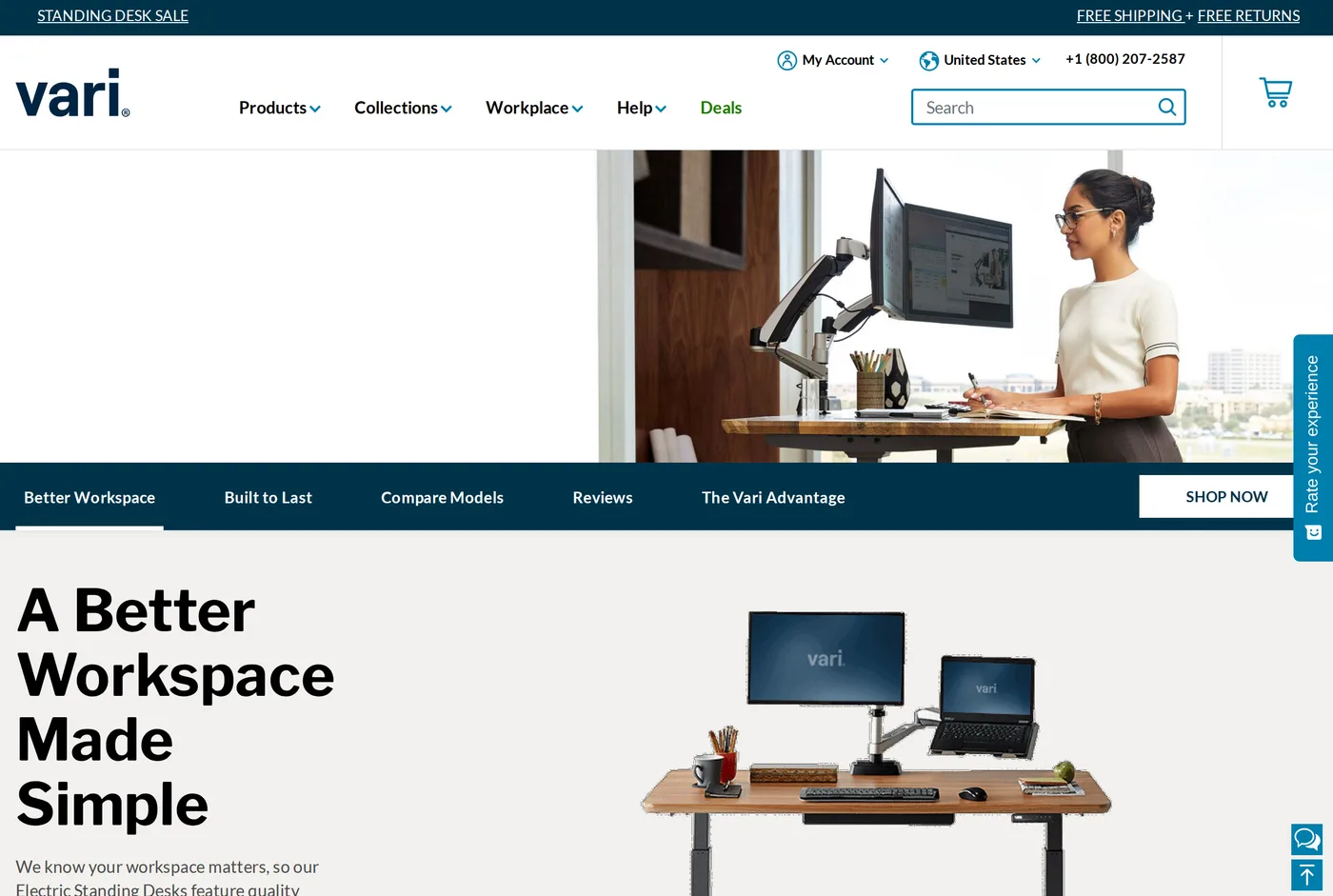 Vari's product page showing the Electric Standing Desk in a bright office