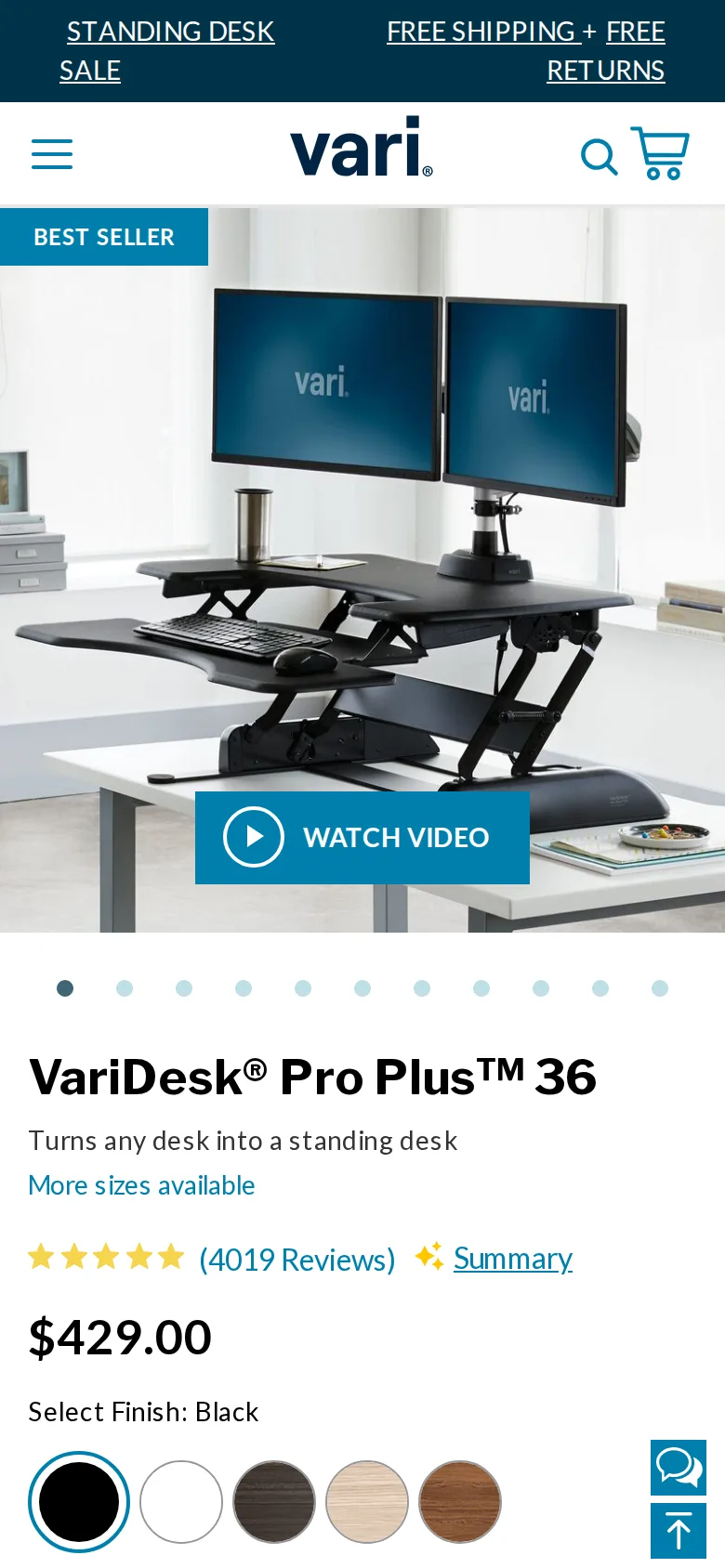 Vari VariDesk Pro Plus 36 on Vari's site, viewed on a phone