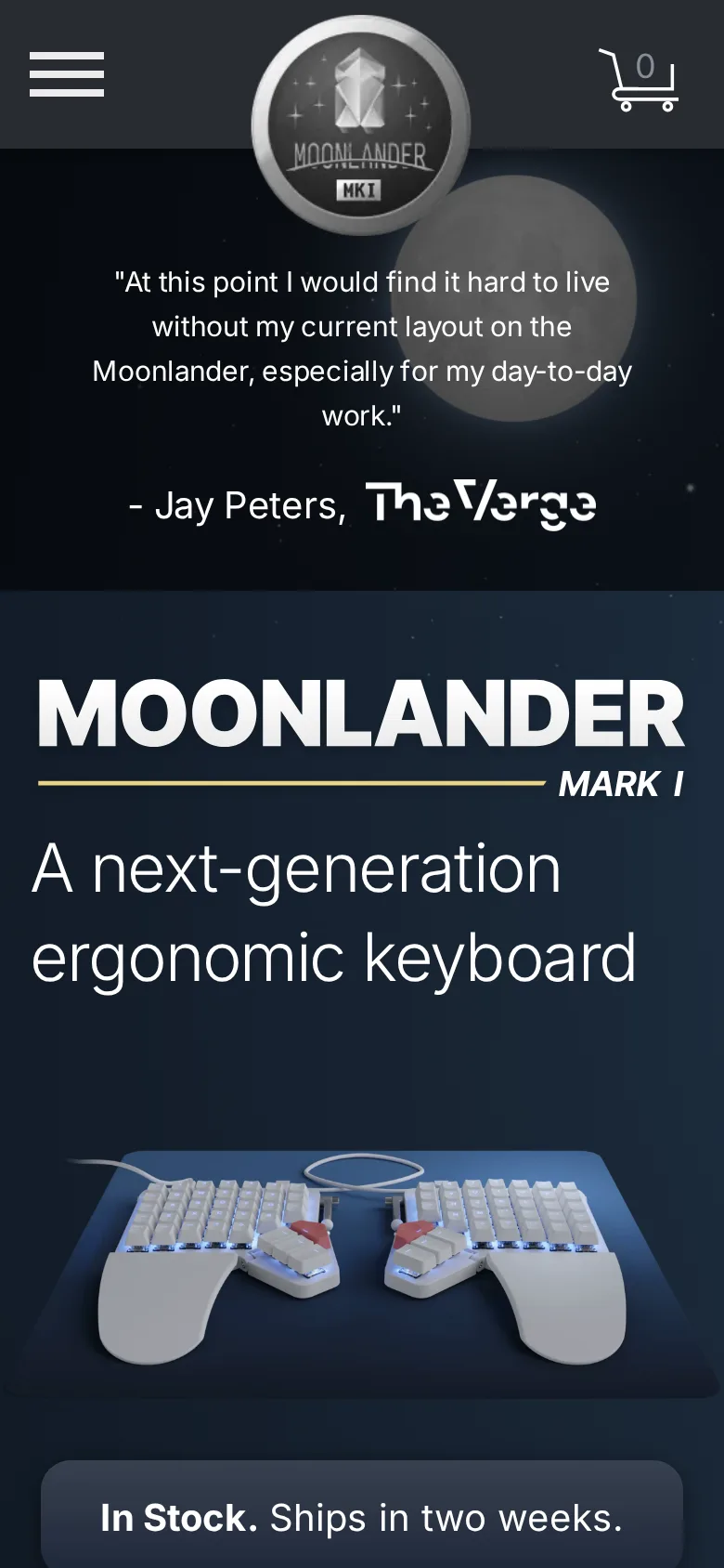 ZSA Moonlander Mark I on ZSA's site, viewed on a phone